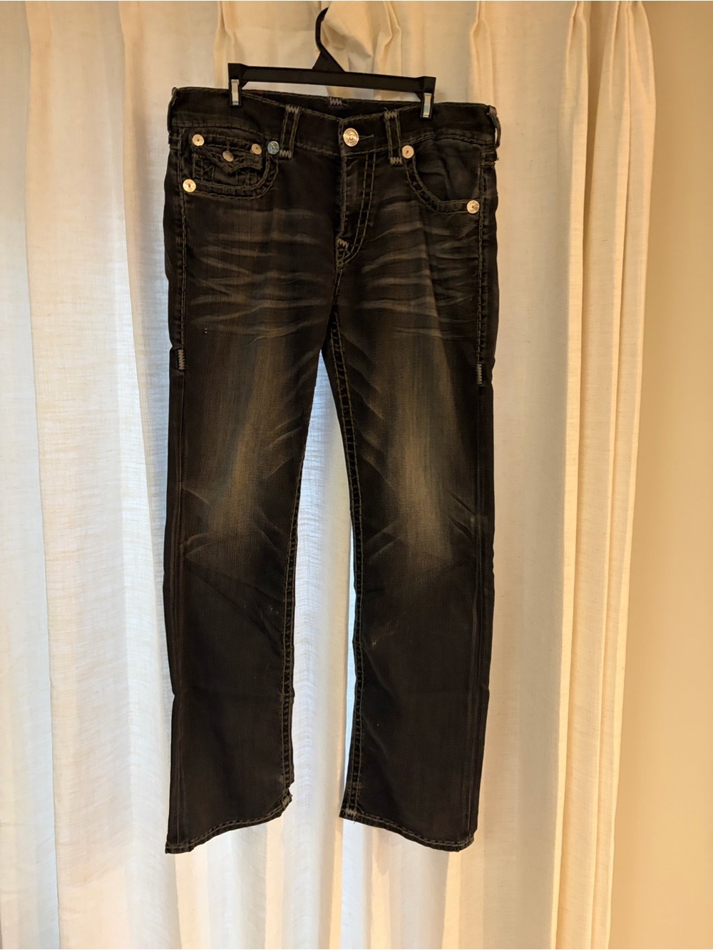 True Religion Straight Leg Jeans Men's Black Gray Distressed Horseshoe Y2K
